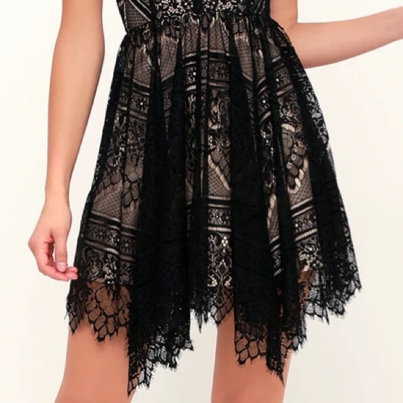 Lulu’s Ryse the Label Katie Black and Nude Lace Short Sleeve Skater Dress - Picture 7 of 15